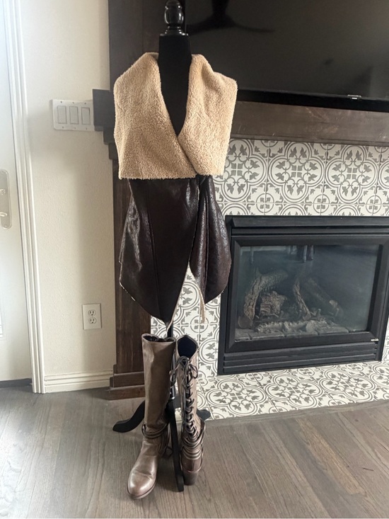 Others Follow Jackets & Blazers - Others Follow Brown Faux-Leather Vest with Cream Sherpa Collar
